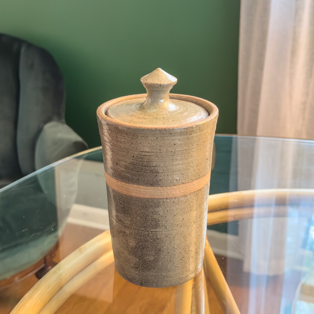 VTG Handmade MCM Sage Green Speckled Tall Kitchen Canister Jar Storage Pottery